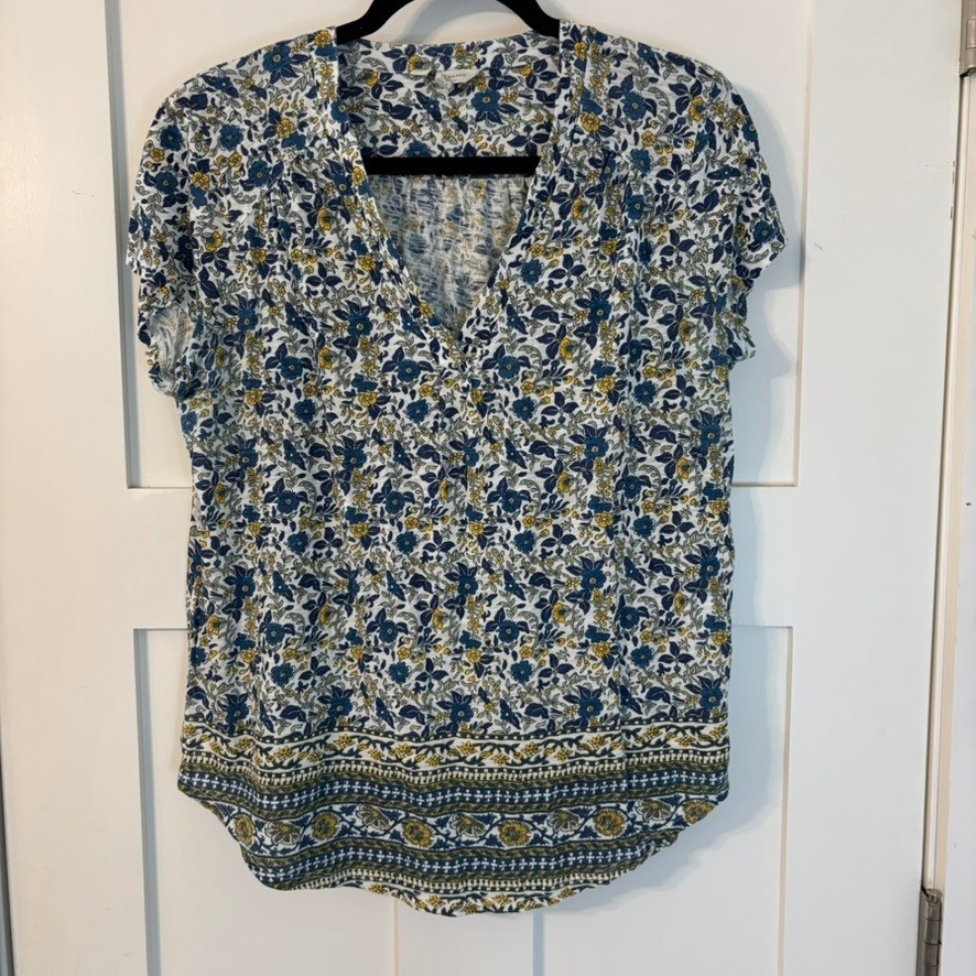 Lucky Brand Womens Blue Yellow Floral Cotton Modal V-Neck Cap Sleeve Top Large