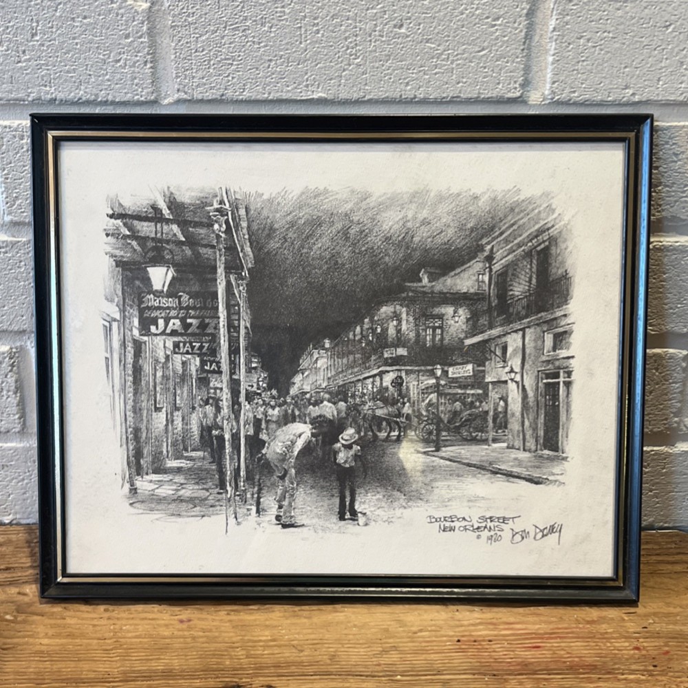 Don Davey Bourbon Street New Orleans Signed Framed print Drawing Realism 1980