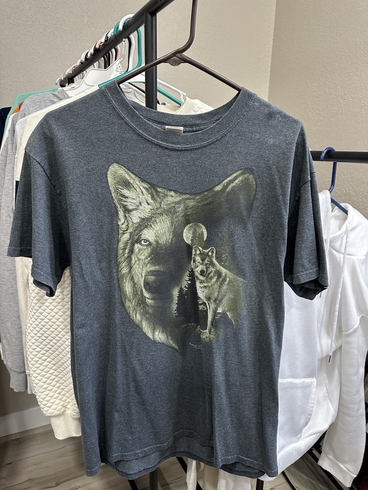 Vintage Y2K Wolf Animal Nature Graphic Black Men’s Large T-Shirt