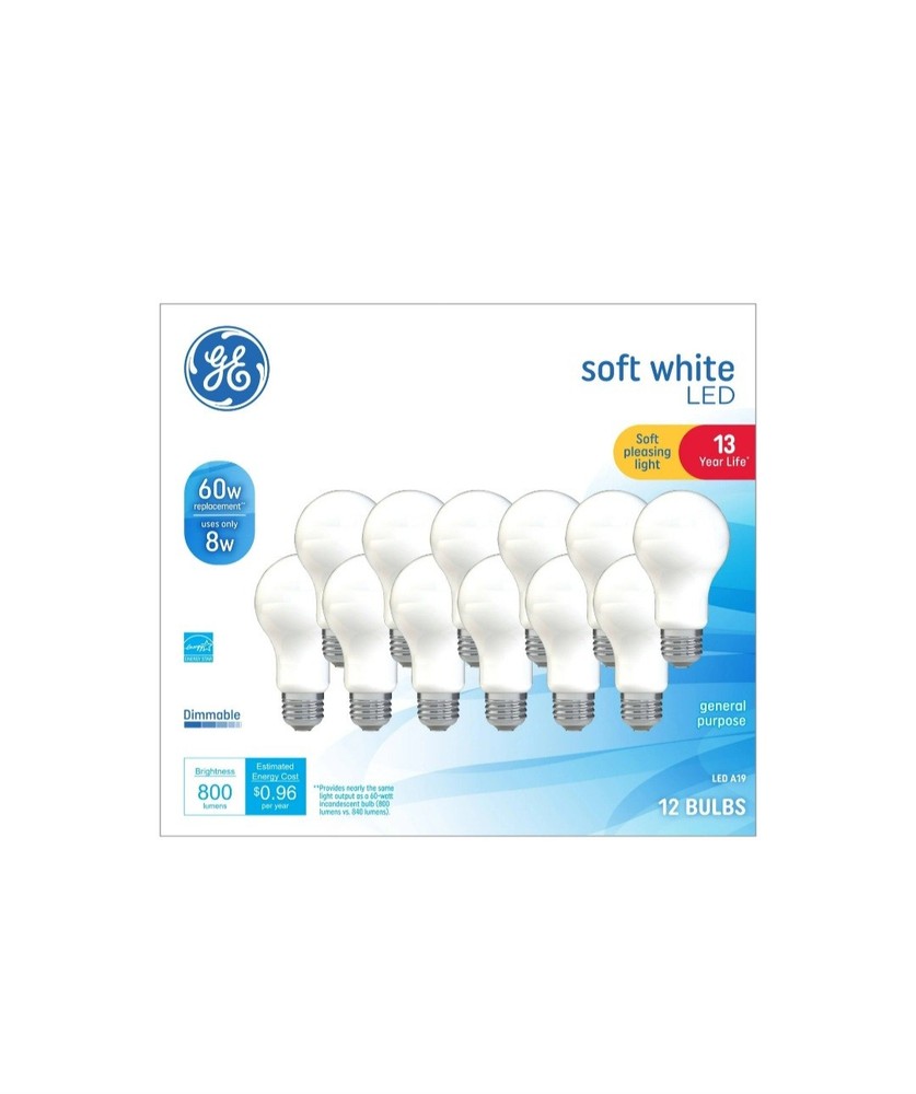 GE Soft White 60W LED Bulbs 12-Pack - 13-Year Lifespan
