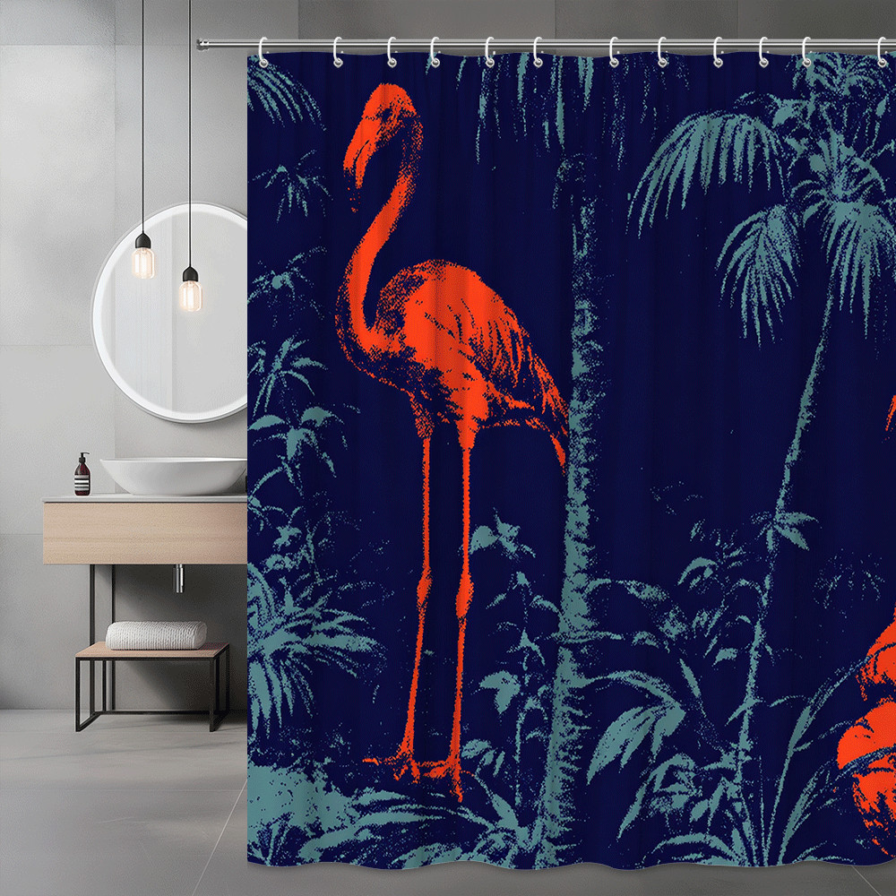 Flamingo Tropical Palm Print Shower Curtain Navy Blue