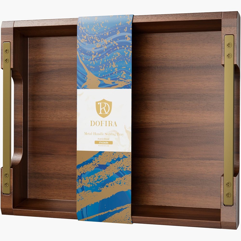 Acacia Wood Serving Tray with Metal Handles 17x13 Inch Large Ottoman Tray for Food and Drinks-image