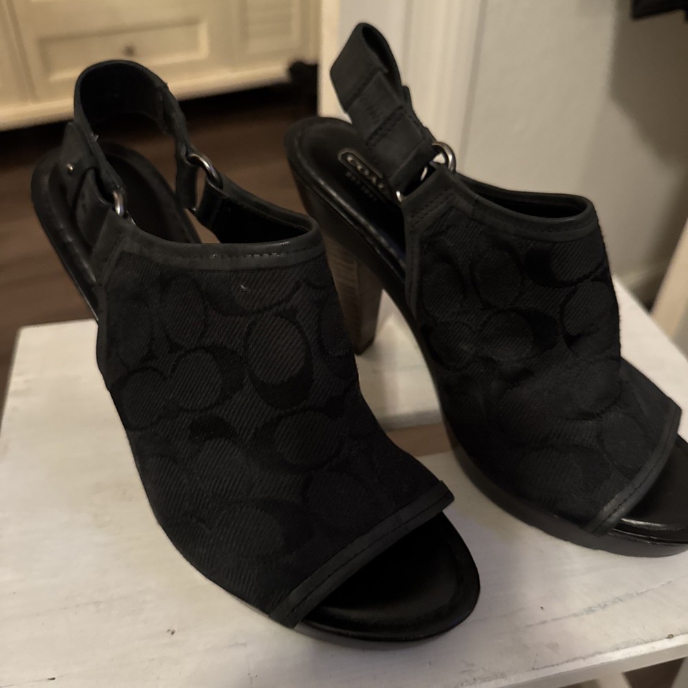 Coach Elena Mule Slingback Peep Toe in Black Canvas with Monogram Size 8