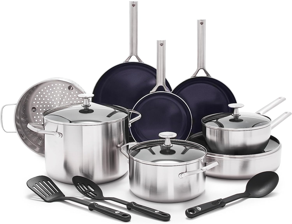 Blue Diamond 15-Piece Tri-Ply Stainless Steel Cookware Set, Healthy Ceramic Nons