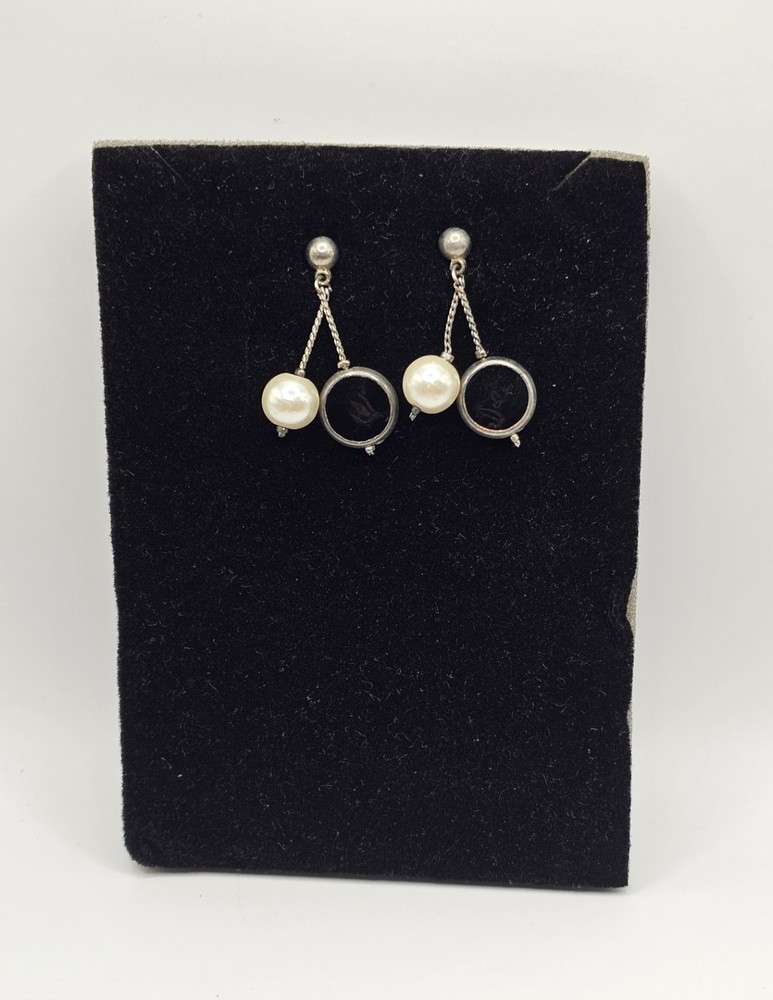Vintage Silver Tone Dangle Earrings w/ Faux Pearl & Open Circle Drop