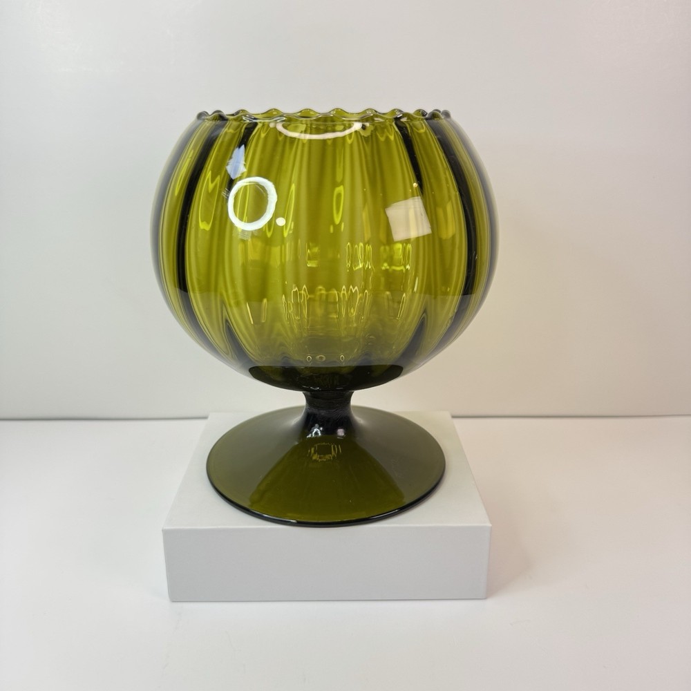 EMPOLI Mid Century Avocado Green Reeded Art Glass Bowl Compote Vase EUC