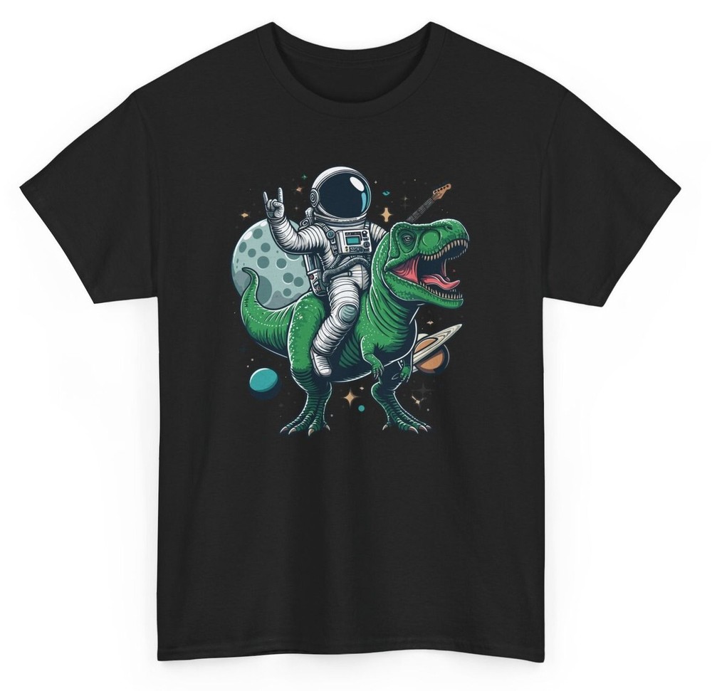 Guitarist Astronaut Riding T-Rex Funny T-shirt - Novelty Space Music Graphic Tee