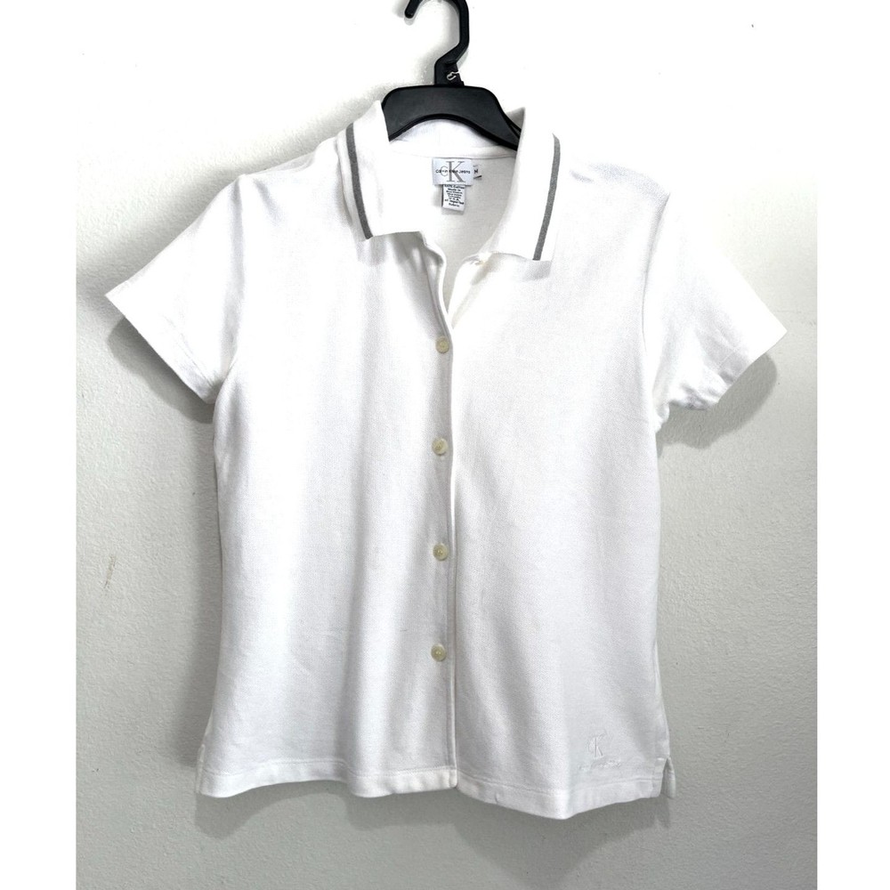Calvin Klein classic white medium weight women's polo shirt button up casual