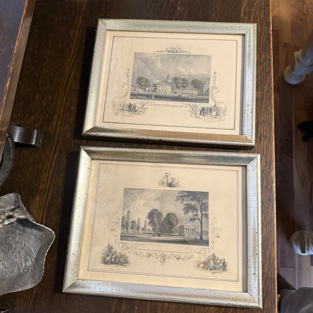 Antique Harvard & Yale University Engravings Framed Pair Ivy League 1800s