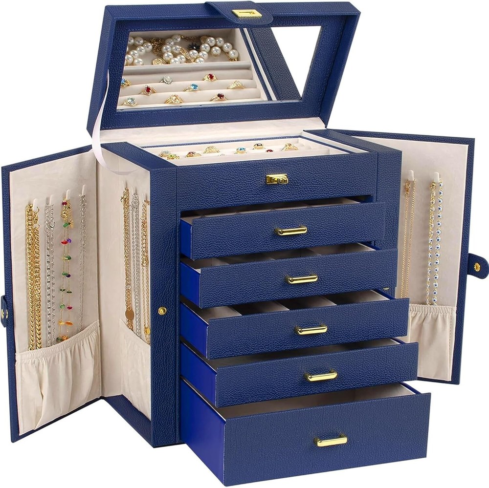 Large Jewelry Box Organizer Functional with Big Mirror, Leather Jewelry Storage