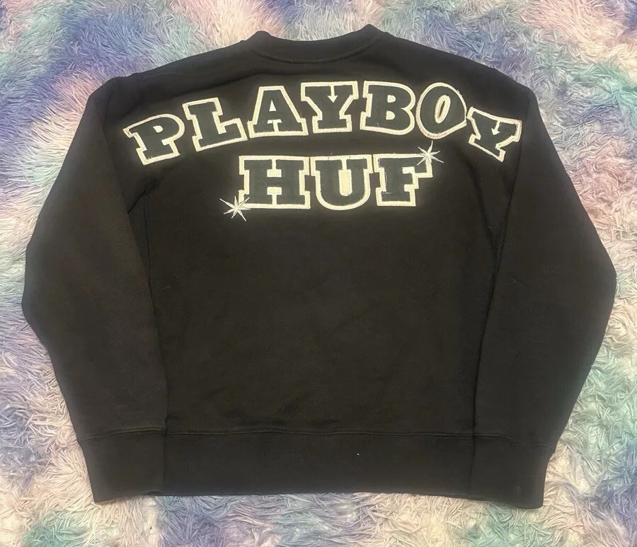HUF Playboy Crewneck Pullover Sweater Back Spellout Logo Mens Small Black White