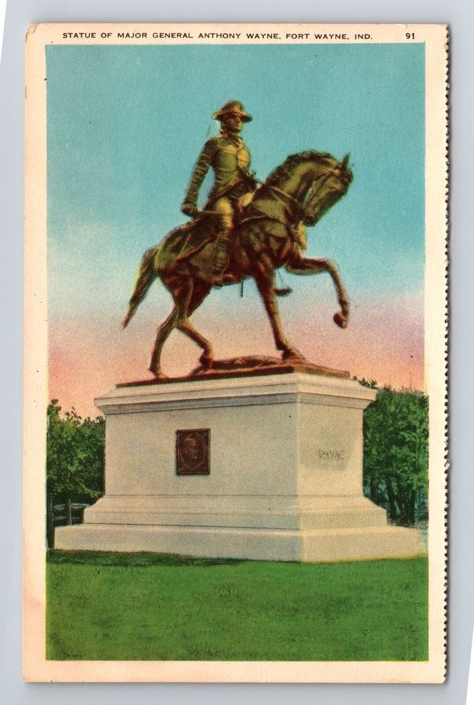 Fort Wayne IN-Indiana, Statue of Major General Anthony Wayne, Vintage Postcard