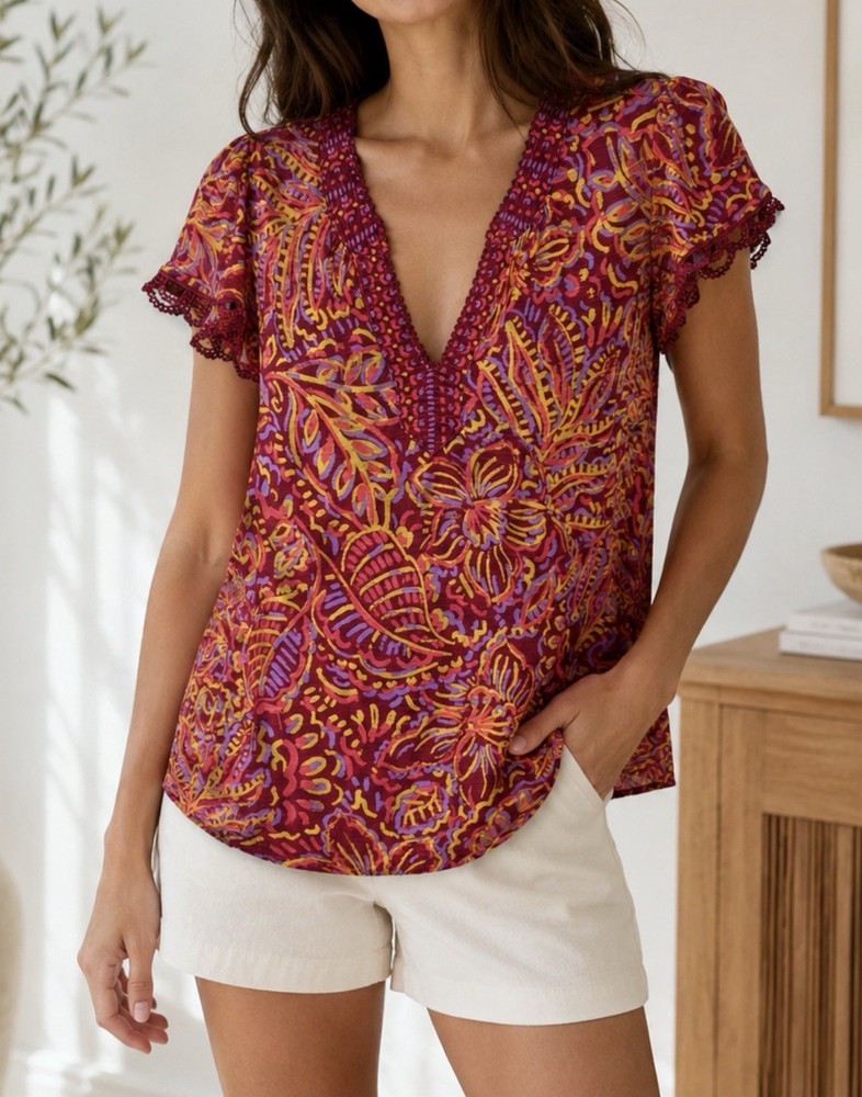 Democracy Small Boho V-Neck Rayon Top Crochet Sleeve Floral Print Blouse Boho