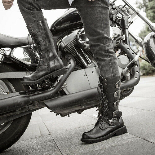 Men Leather Motorcycle Boots Calf Military Outdoor Boots Gothic Belt Punk Boot
