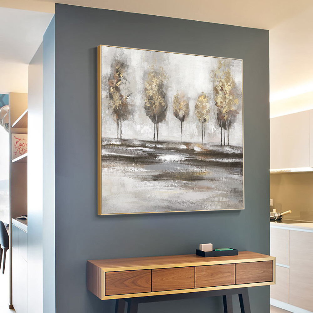 Abstract Brown Trees With Gold Foils Oil Painting Handpainted Textured Modern