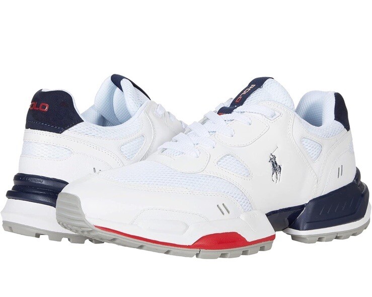 Polo Ralph Lauren Mens Jogger Leather /Mesh Sneakers  White/Navy/Red Size 10.5