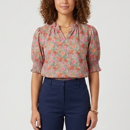 J.Crew Liberty Fabric Floral Ruffle Neck Puff Sleeve Blouse BP538 Pink Orange M