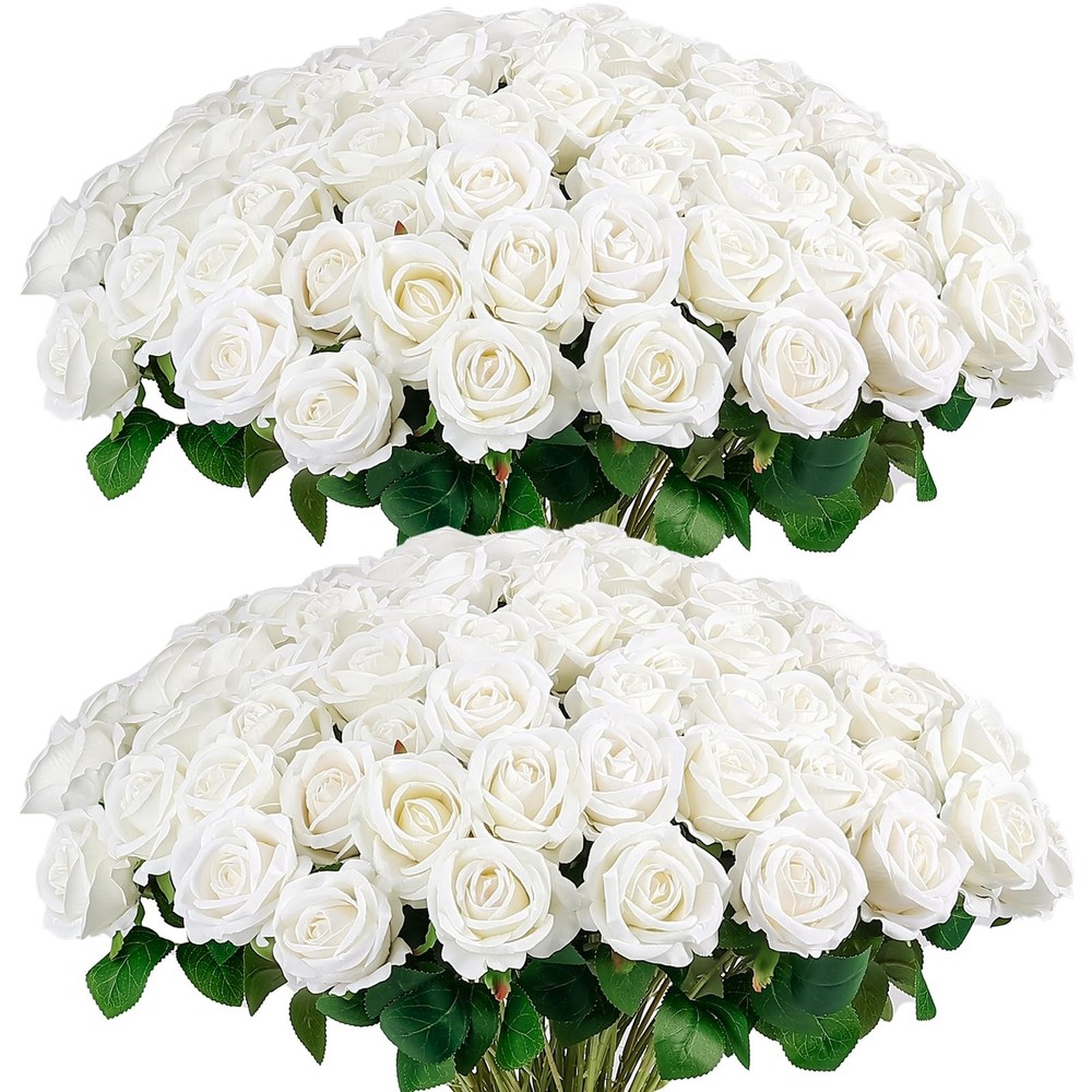 60PCS Artificial Roses Bulk, White Velvet Silk Fake Roses, Realistic White Fl...