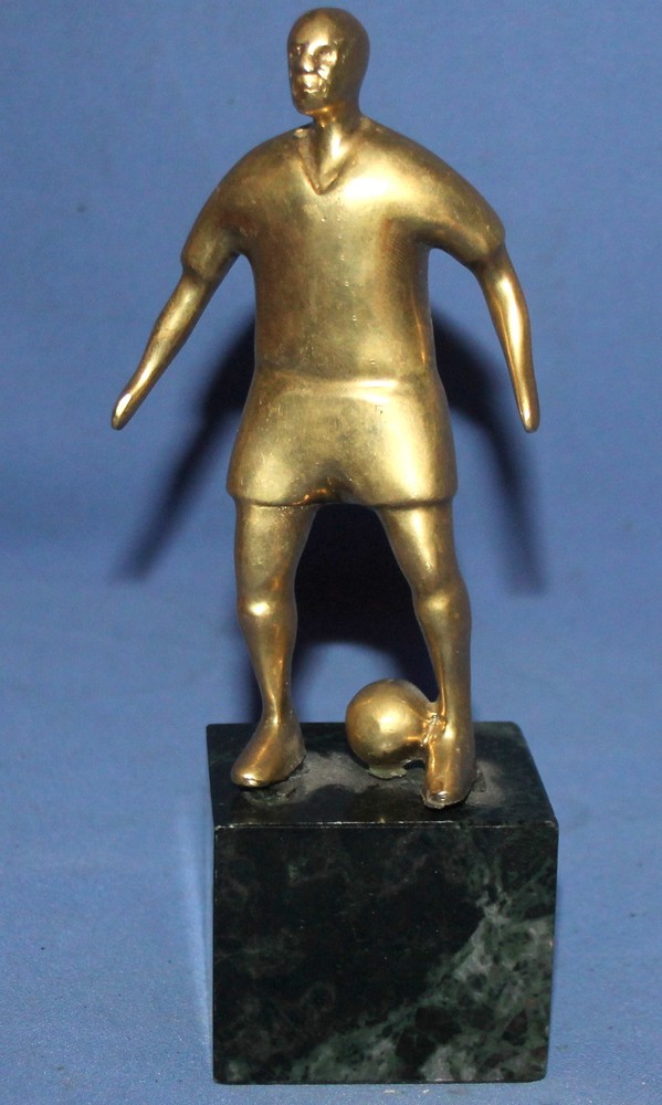 Vintage hand made brass abstract art work statuette with marble base footballer-image