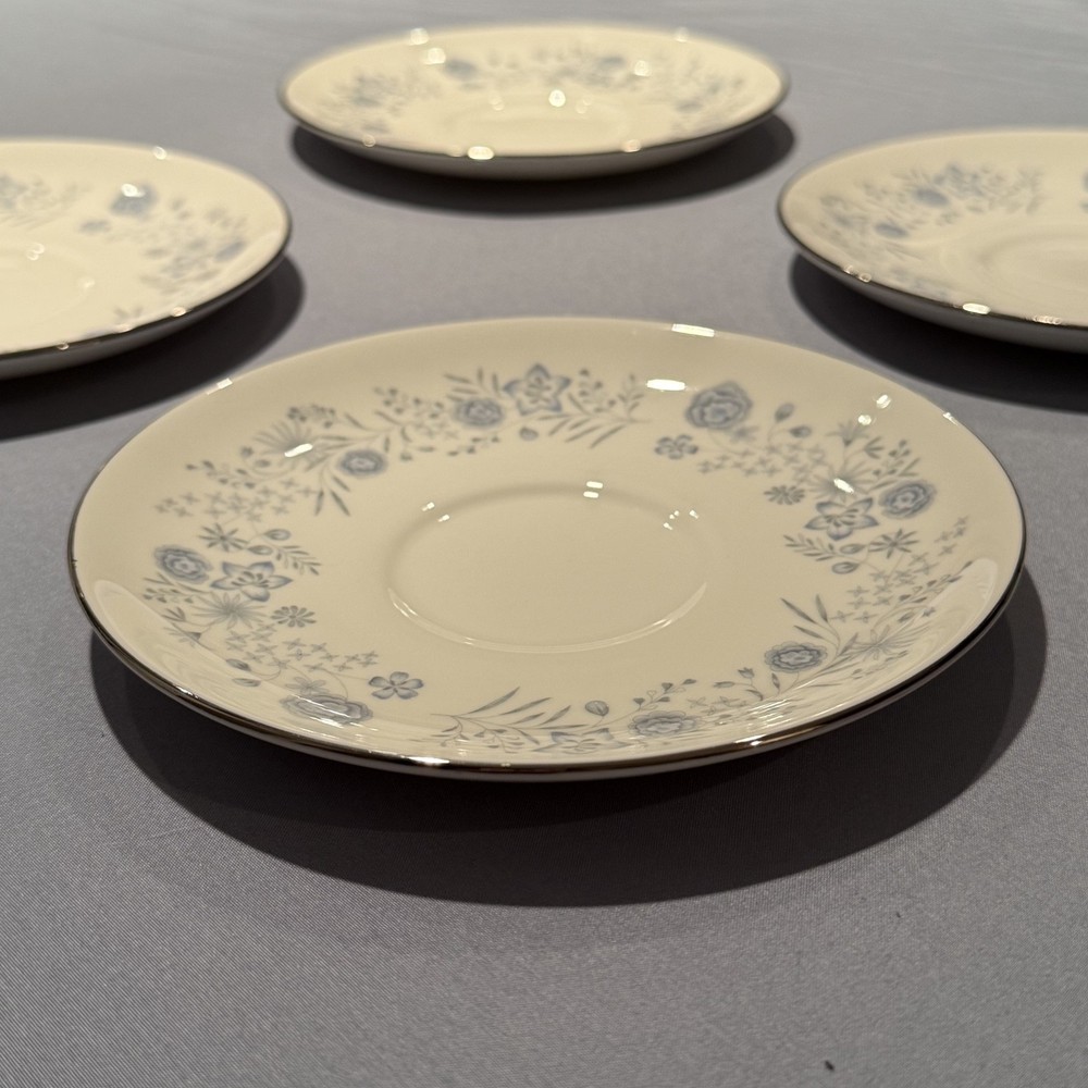 Set of 4 Vintage Wedgwood Belle Fleur Bone China Saucers England Blue Floral