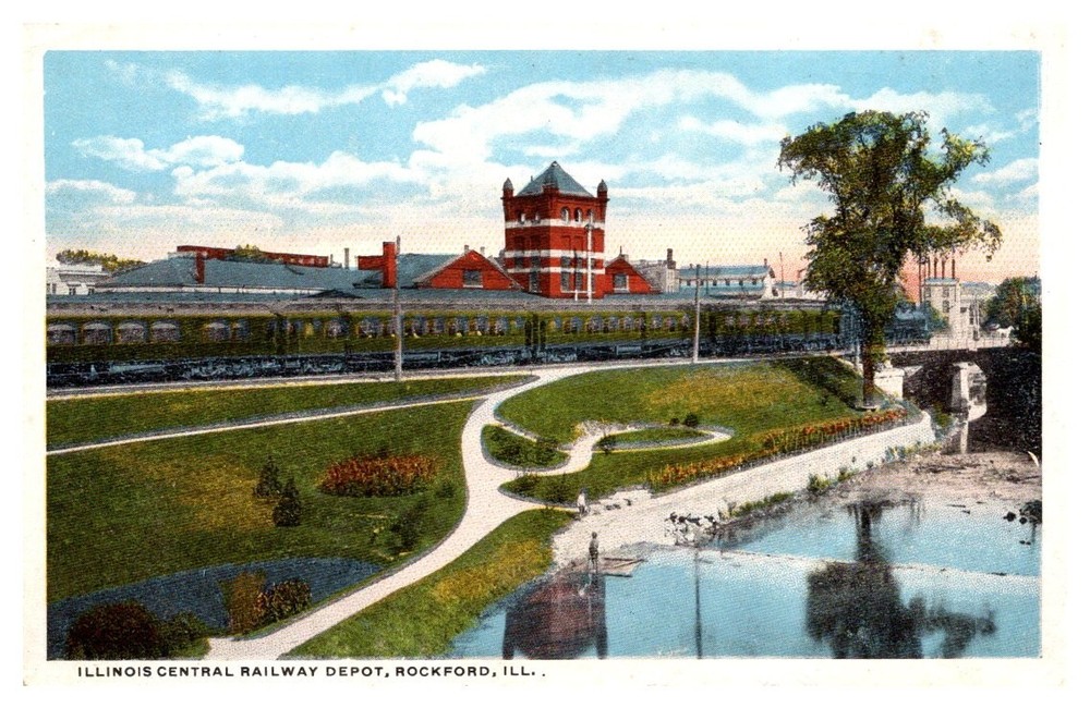 c1920 Illinois Central Railway Train Depot Rockford Illinois Vintage Postcard