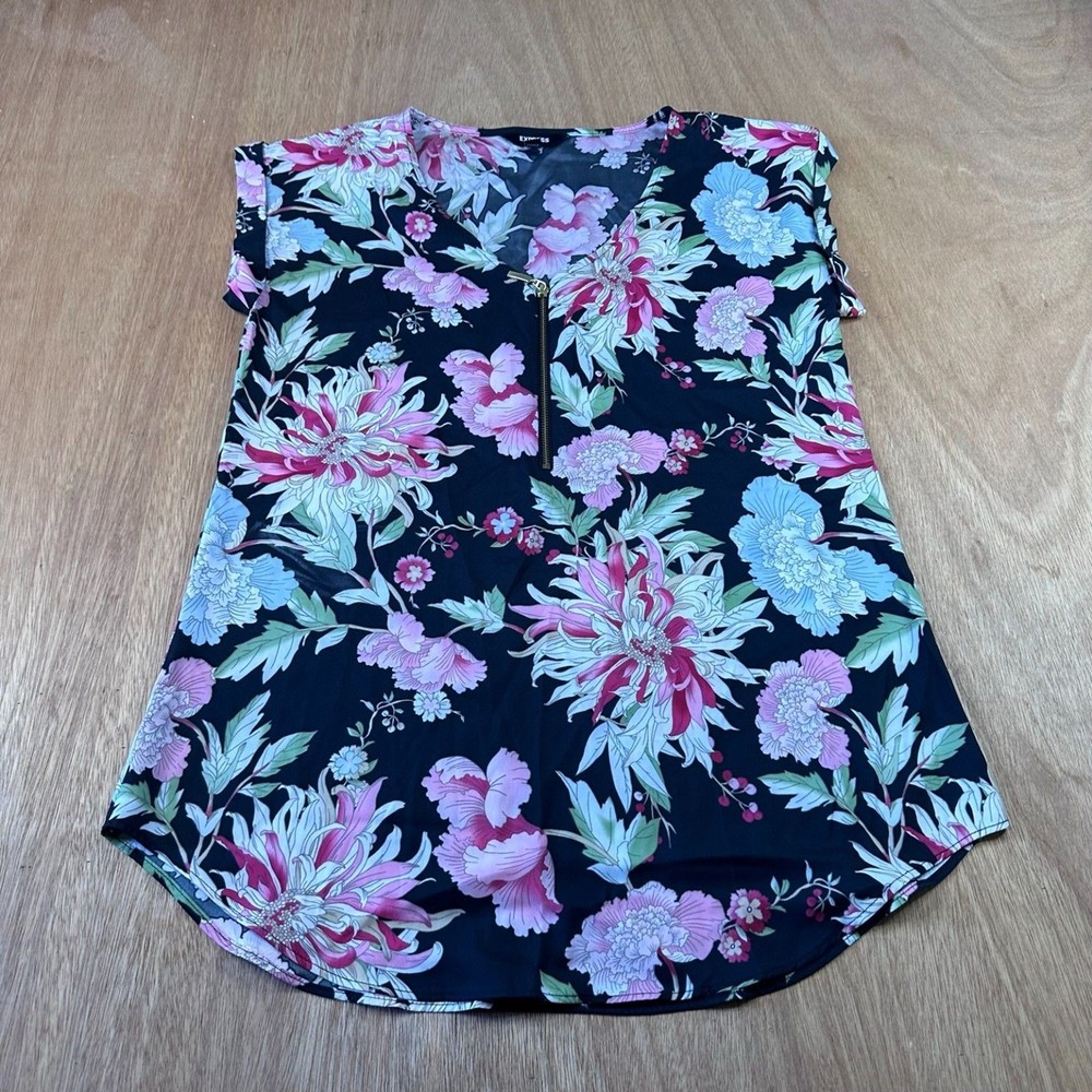 Express Floral Zip Front Blouse Womens Small Black Pink Gold Zipper