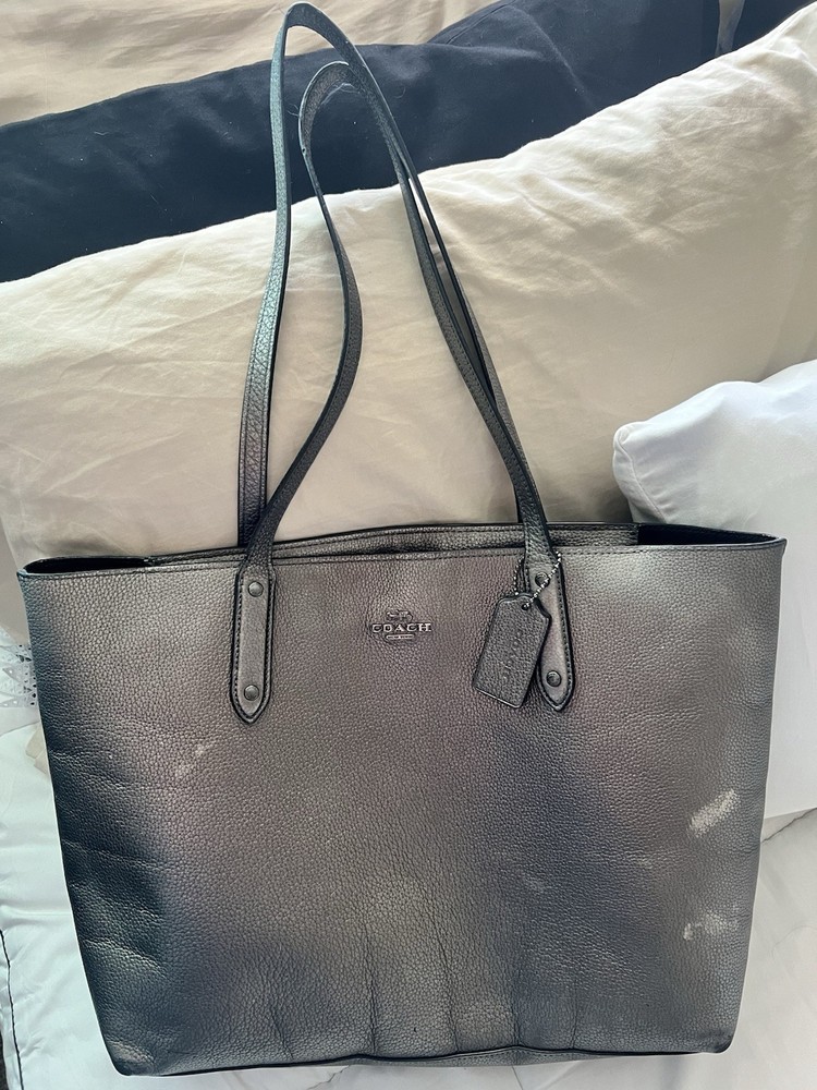 Coach Large Metallic Leather Tote Bag With Plum Interior