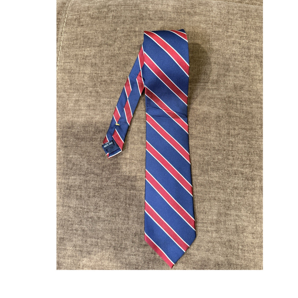 Nautica Men's 100% Silk Tie Blue Red White Striped Woven Logo Accent