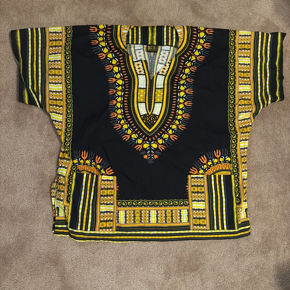 Daiki Kimono Tunic Size 3XL African Black Print Pockets Tribal Afro Boho Chic