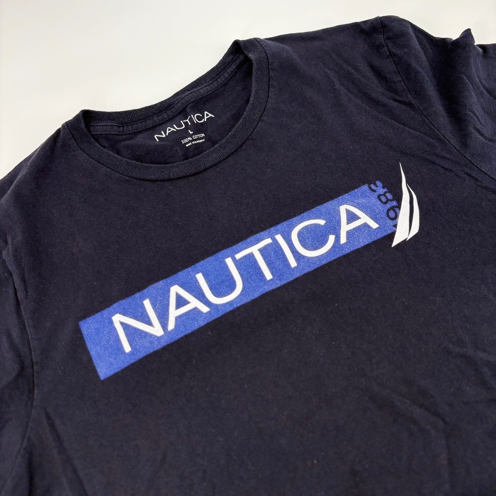 Nautica Mens Large Navy Blue Graphic Logo Short Sleeve Cotton T-Shirt