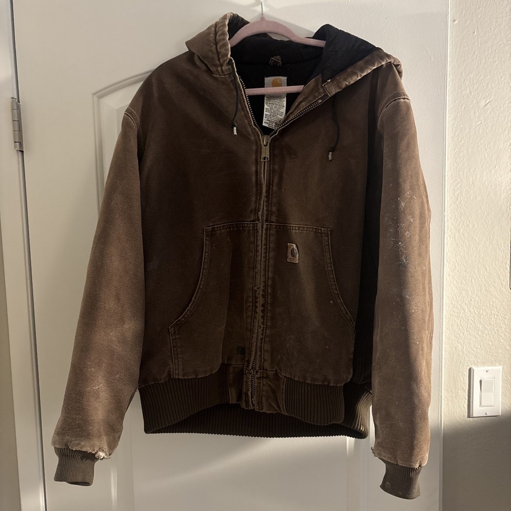 Carhartt Jacket Vintage Mens L Hooded Dark Brown Full Zip Workwear J130 DKB