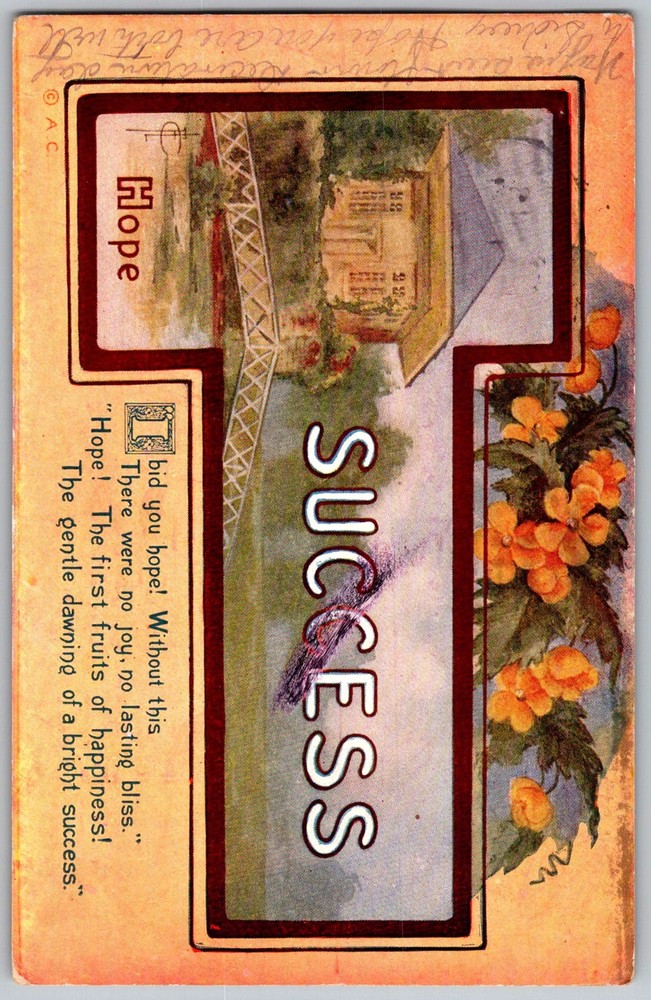 Antique Postcard Success Motto Floral Design 1910s
