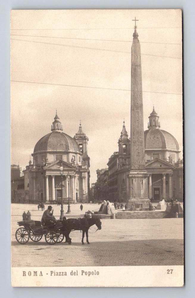 Italy- Rome People's Square Flaminian Obelisk Twin Churches Old Vintage Postcard