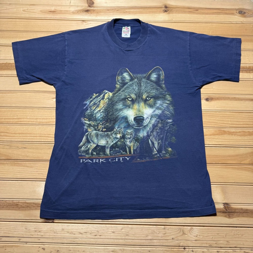 Vintage 90s Park City Utah Wolf Wildlife Nature Graphic Souvenir T-Shirt - Large