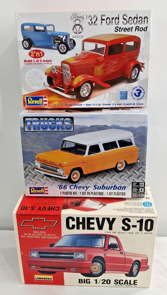 3 Model Kits 1 Lindberg S10 1/20 & 2 REVELL Kits  1/25 Ford Sedan Chevy Suburban
