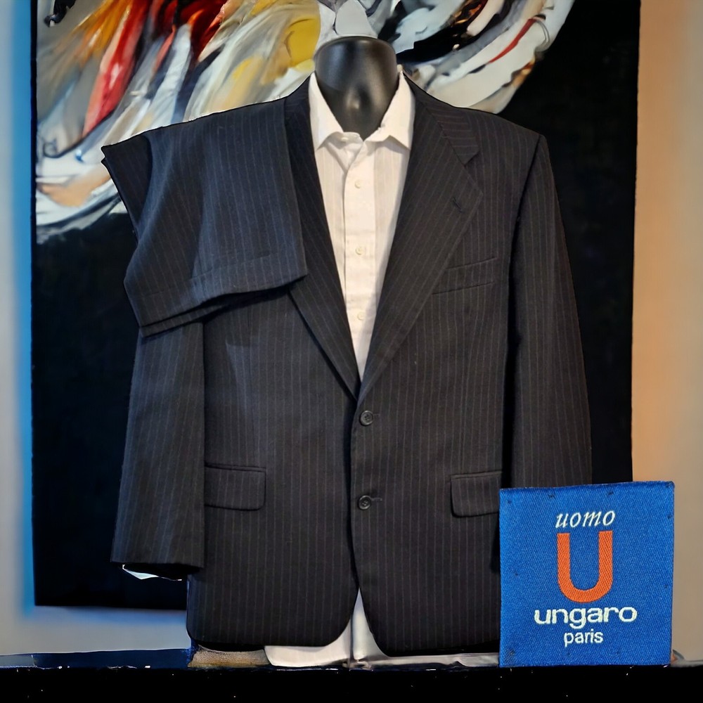 Ungaro Uomo 2 Piece Suit Mens 42S 34X27 Black Pinstipe Wool Ventless