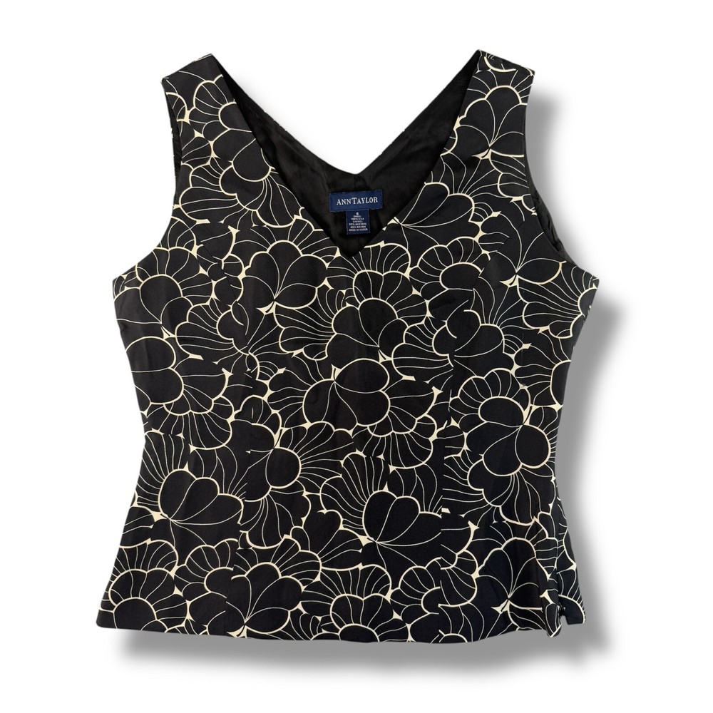 Vintage Ann Taylor 100% Silk Tank Top Camisole Size 4 V-Neck Black Floral