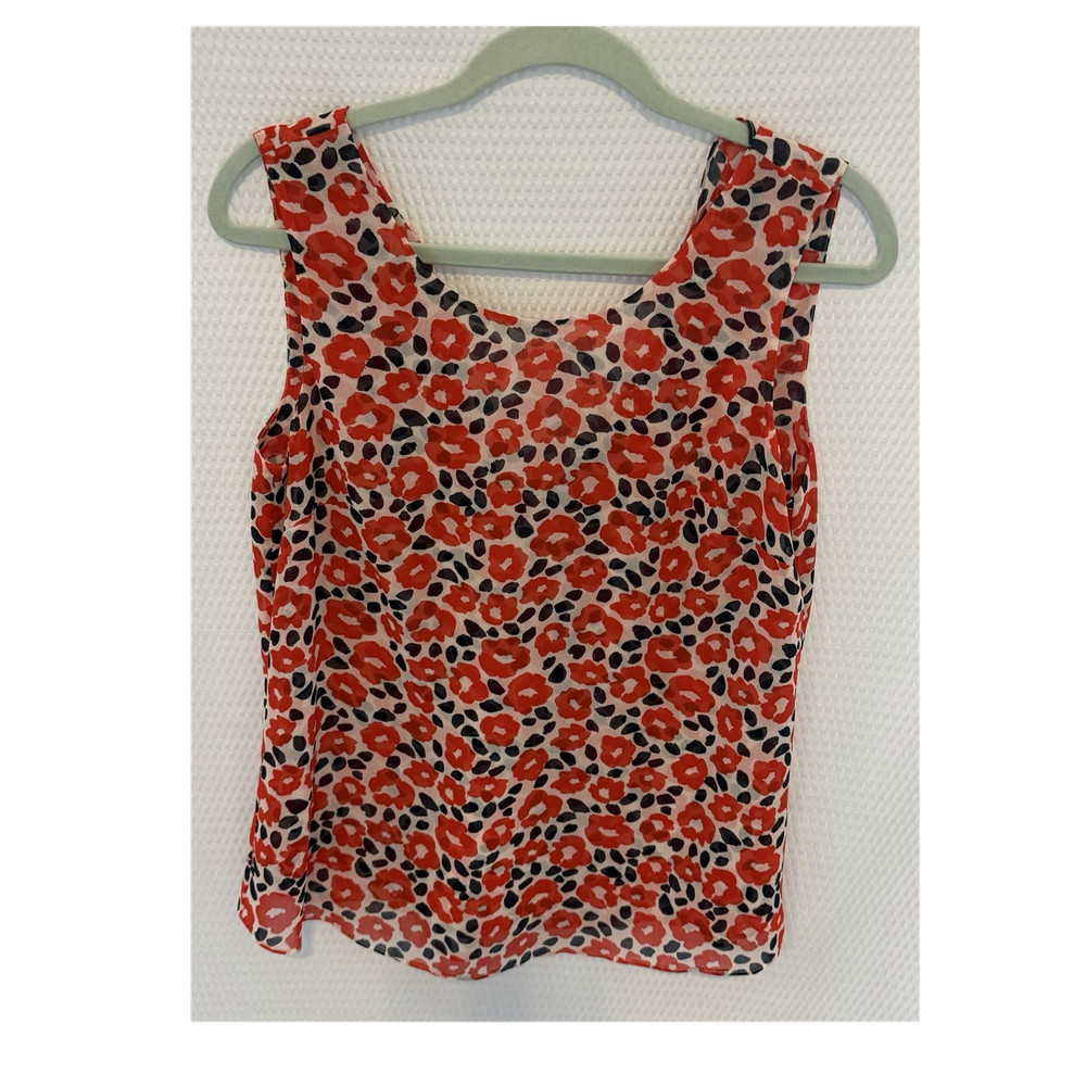 CAbi Red Black White Floral Chiffon Sleeveless Scoop Neck Blouse Size S