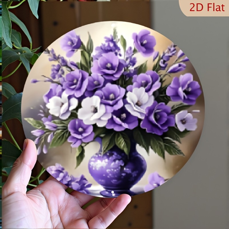 Purple Floral Vintage Metal Wall Decor Round Aluminum Plaque