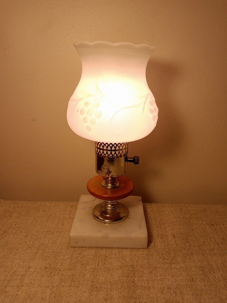Vtg Table Bedroom Lamp, Frosted Glass Shade, Marble Base, Wood, Metal 10