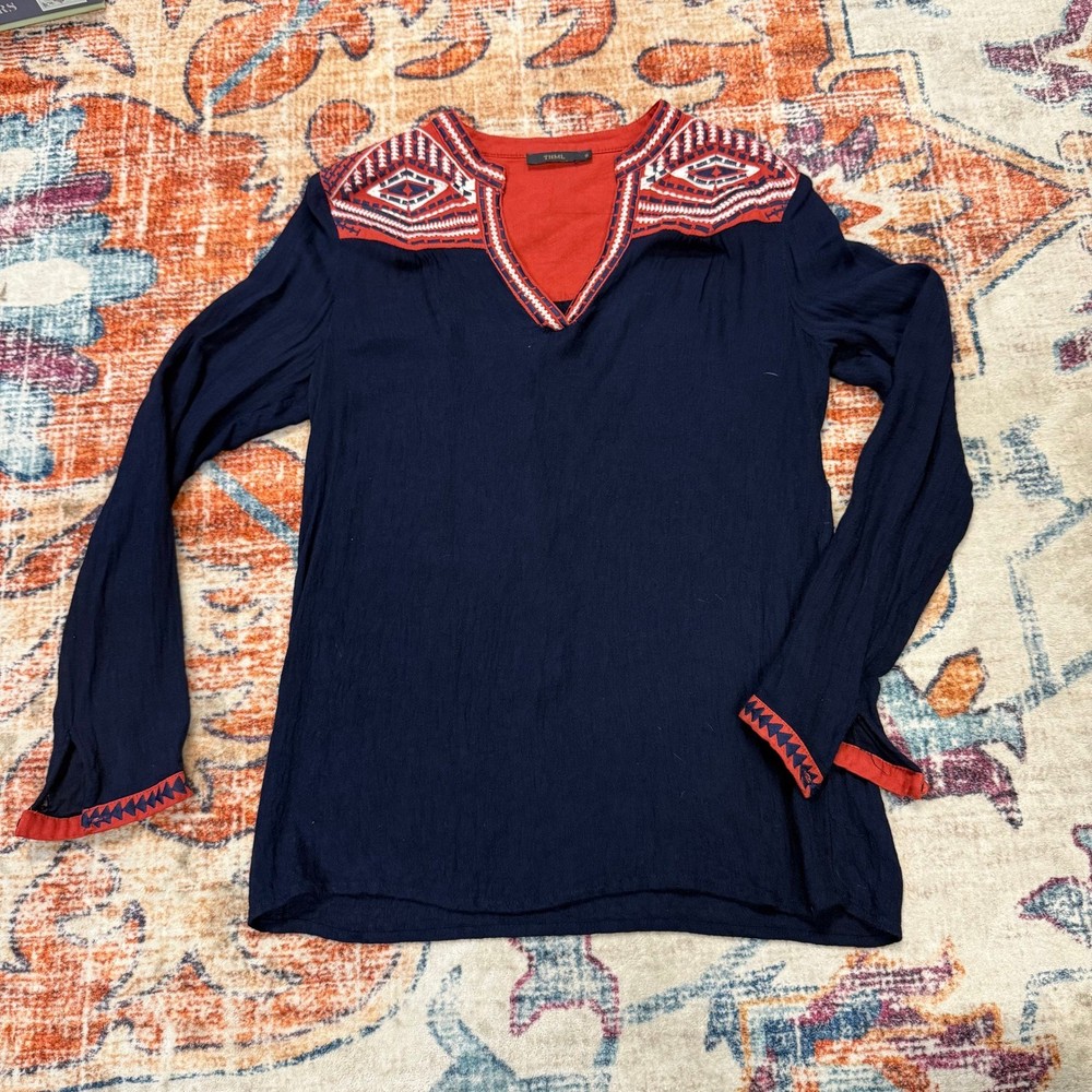 THML Navy Blue Orange Aztec Embroidered V Neck Tunic Top Women's Size Small