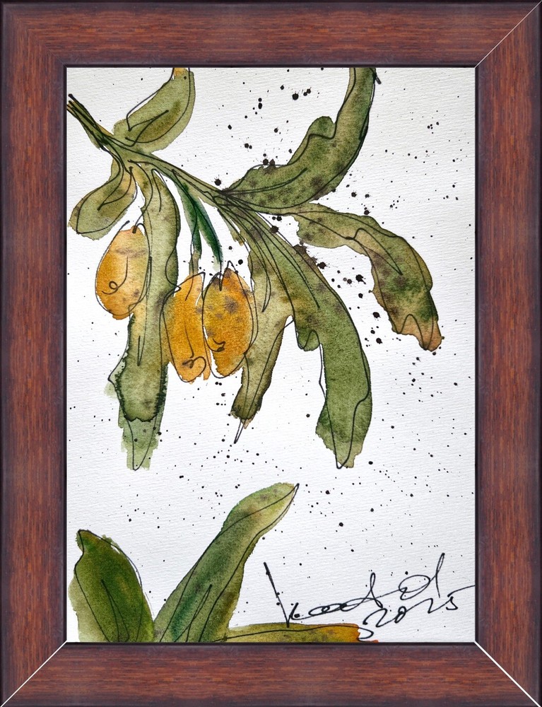Original Signed Olive Tree Watercolor Painting Framed Artwork Sketch