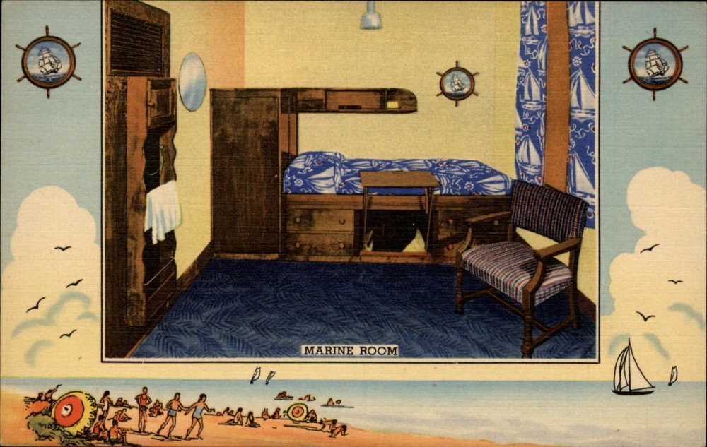 YMCA Hotel  Marine Room nautical theme ~ Chicago Illinois ~ 1940s linen postcard