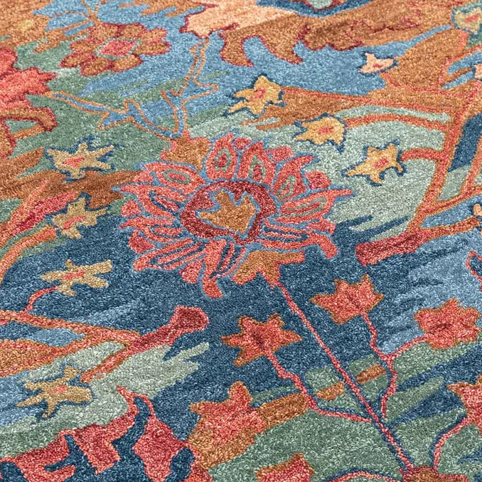 8x10 Hand Tufted Wool Area Rug Vintage Oushak Style Blue Coral Floral Medallion