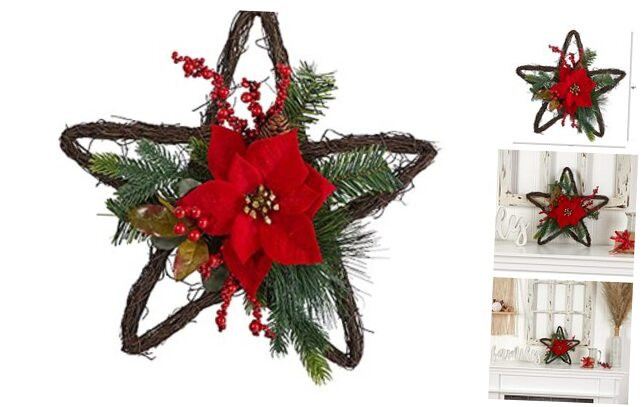 16in Christmas Poinsettia Star Twig Wreath for Holiday Decor