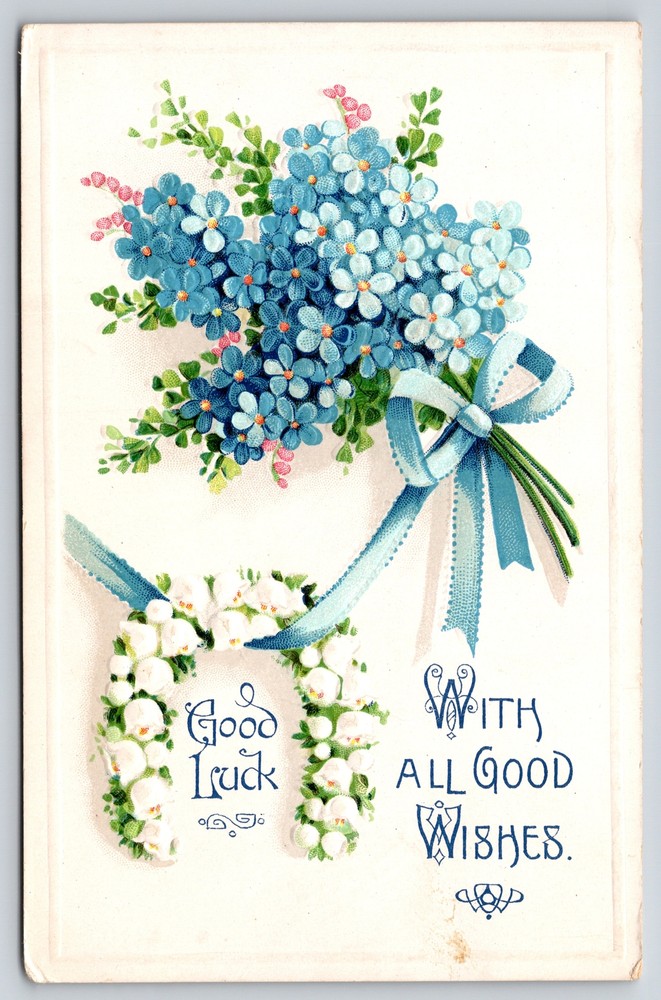 Greetings~Good Luck~All Good Wishes~Forget Me Nots~White Bkgd~Vintage Postcard