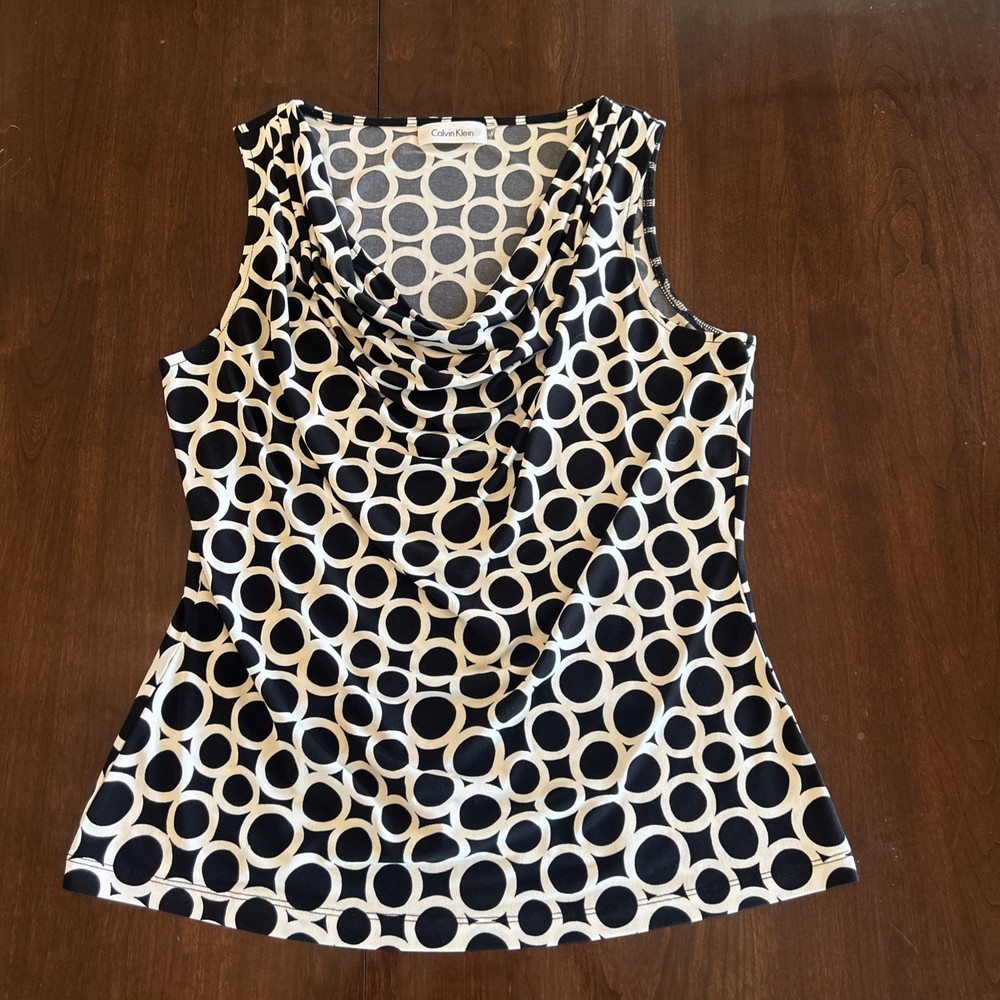 Calvin Klein Women's Sz M Blouse Top Sleeveless Drape Neck Black & White Stretch