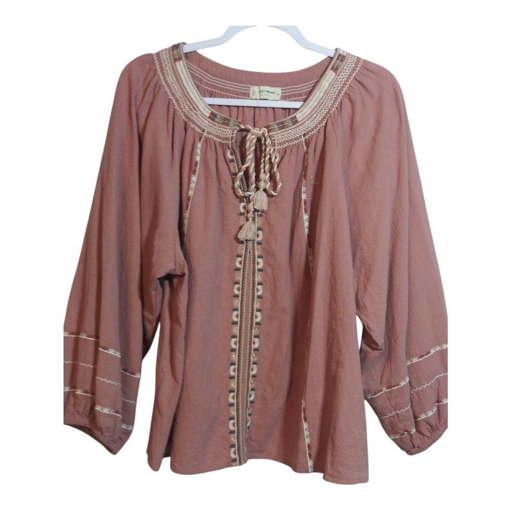 Lucky Brand Boho Tie-Front Embroidered Peasant Top - Dusty Rose Size XL