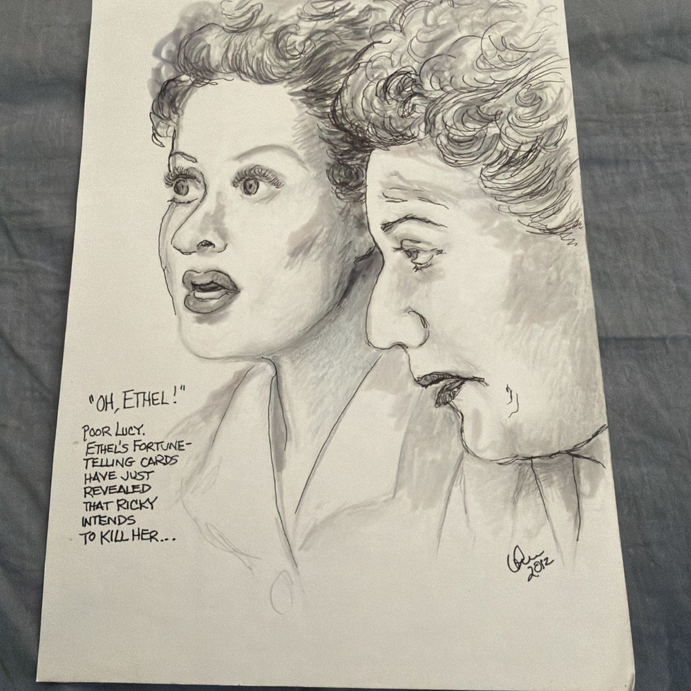 Sketch Of Lucy And Ethel Signed By Unknown Artist 9 1/2 X 7