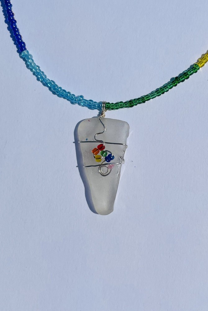 Genuine Beach Tumbled Frosted SEA GLASS Rainbow Pride Necklace Pendant 16” OOAK